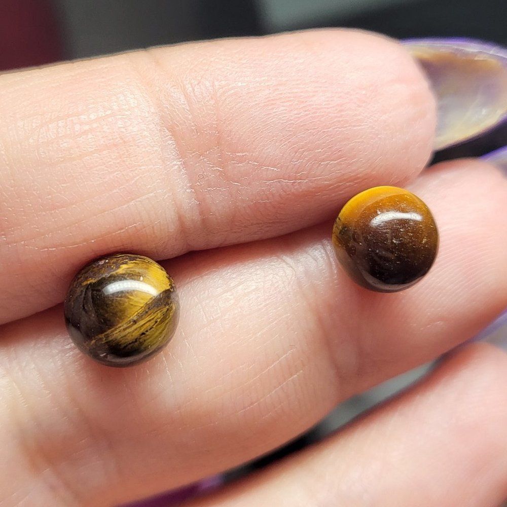 Natural Tigers Eye Gemstone Round Bead Ball Stud Earrings